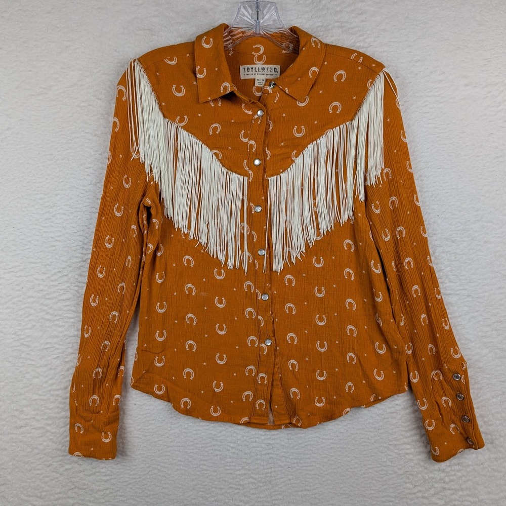 Idyllwind Western Fringe Pearl Snap Shirt Size XS Gold Horse Shoes Rodeo Cowgirl